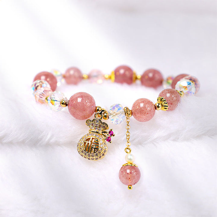 Buddha Stones Natürliches Erdbeerquarz-Kristall-Geldbeutel-Charm-Positive-Armband - image 5