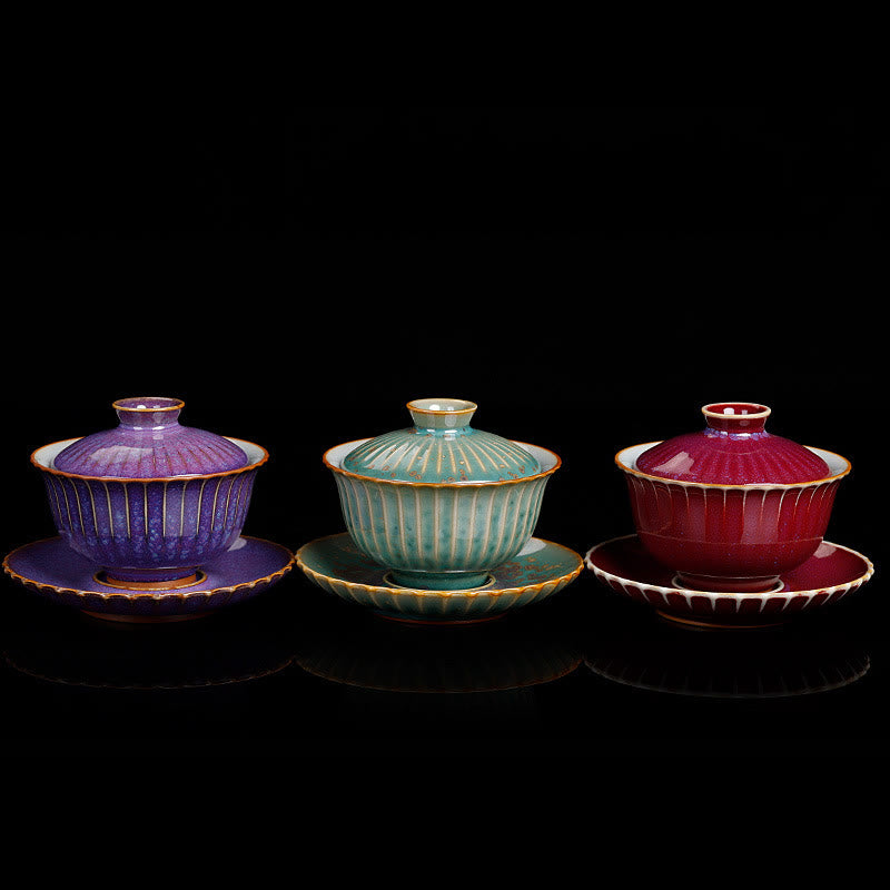 Buddha Stones Retro Glasur Ofenwechsel Keramik Gaiwan Sancai Teetasse Kung Fu Teetasse und Untertasse mit Deckel - image 1