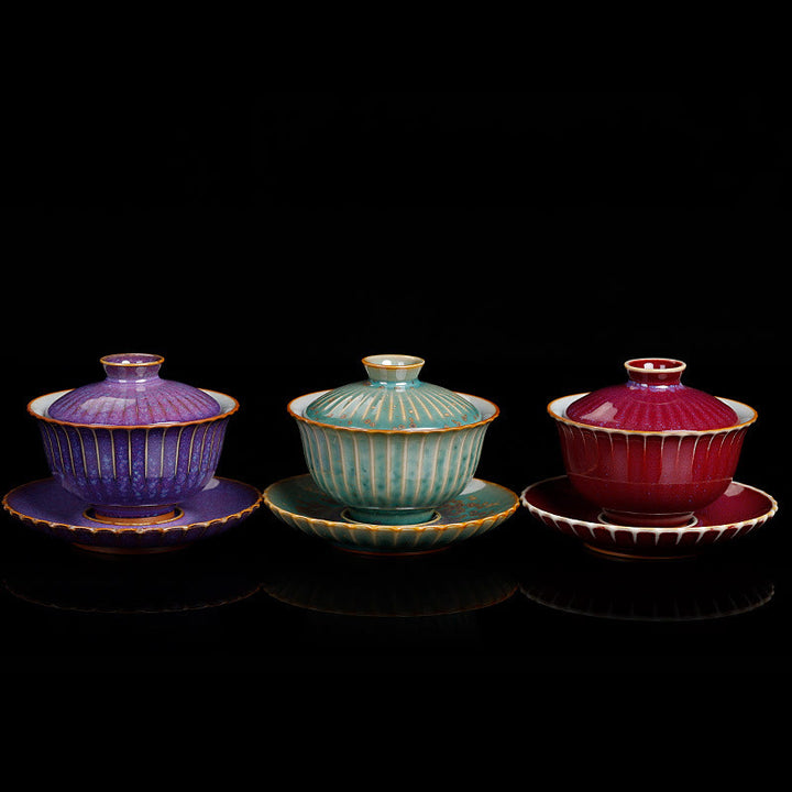 Buddha Stones Retro Glasur Ofenwechsel Keramik Gaiwan Sancai Teetasse Kung Fu Teetasse und Untertasse mit Deckel - image 1