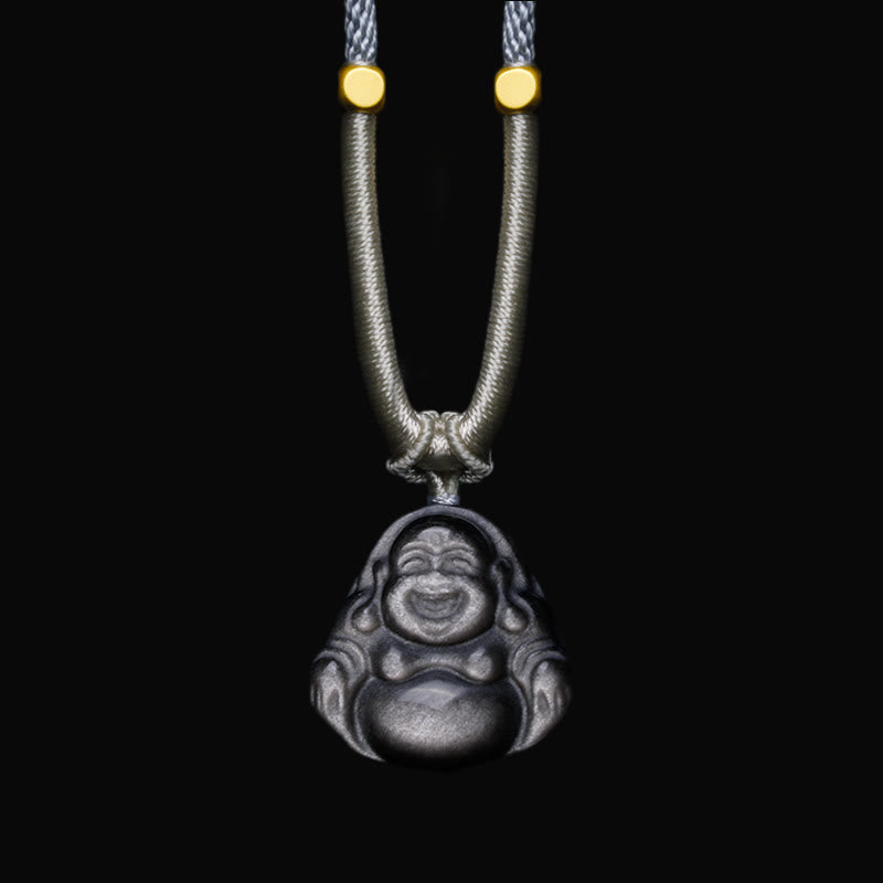 Buddha Stones, natürlicher silberfarbener Obsidian, lachender Buddha-Schutz-Halsketten-Anhänger - Lachender Buddha Hellgraue Halskette - image 6