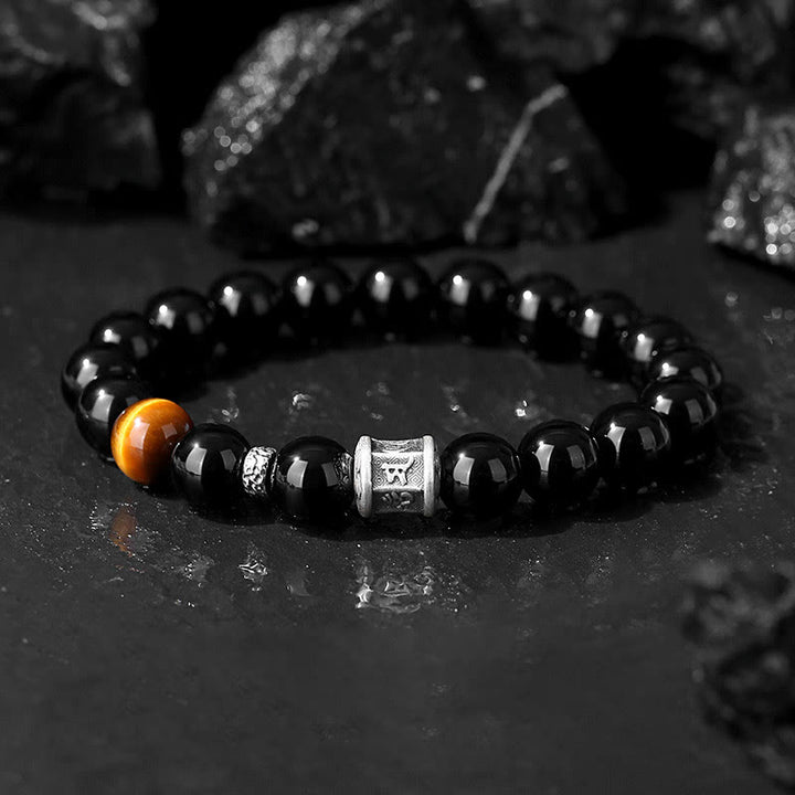 Buddha Stones 999 Sterling Silber Schwarzer Obsidian Tigerauge Om Mani Padme Hum Erfüllungsarmband