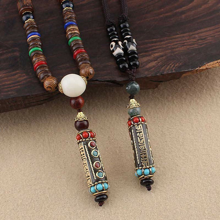 Buddha Stones Tibetische Om Mani Padme Hum Dzi Perle Wenge Holz Halskette Anhänger - image 2