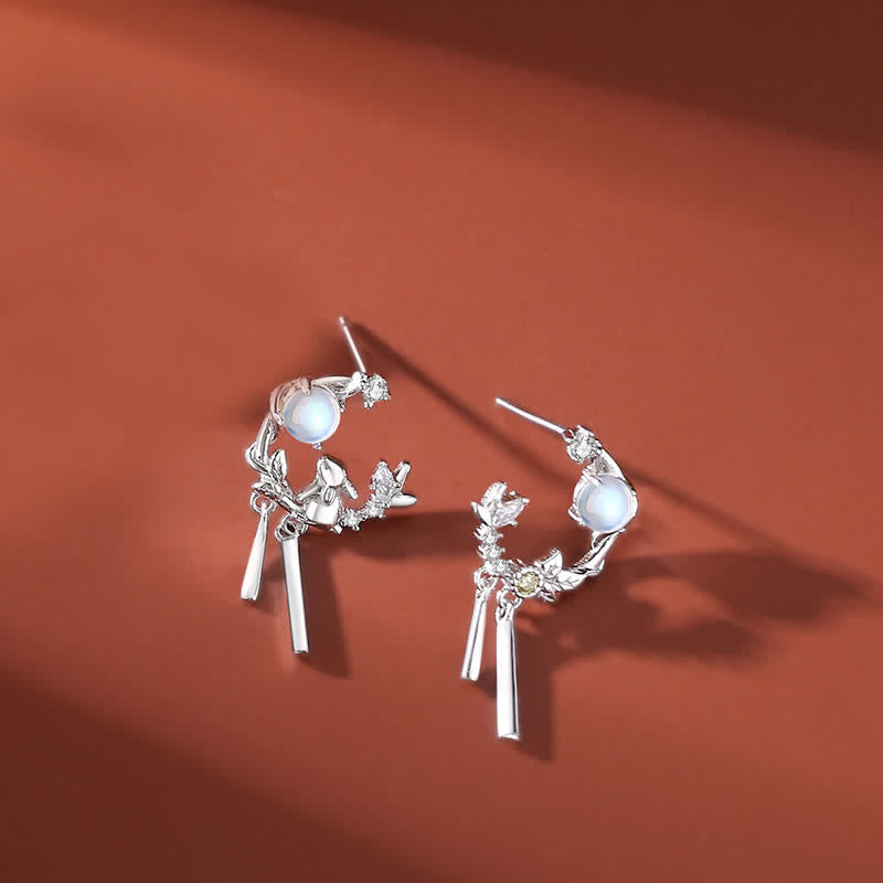 925 Sterling Silber Jahr des Kaninchens Mondstein Mond Blumenmuster Halskette Anhänger Armband Ohrringe - Ohrringe - Silber - image 11