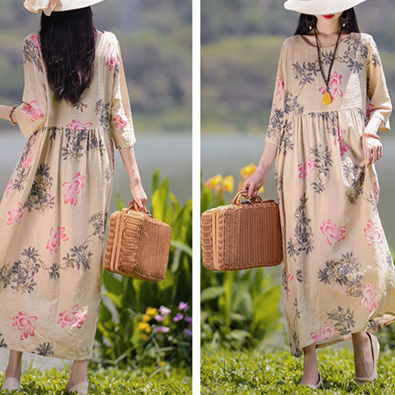 Midikleid mit Buddha-Steinen und Blumen-Print, Tunikakleid aus Baumwolle und Leinen mit Taschen