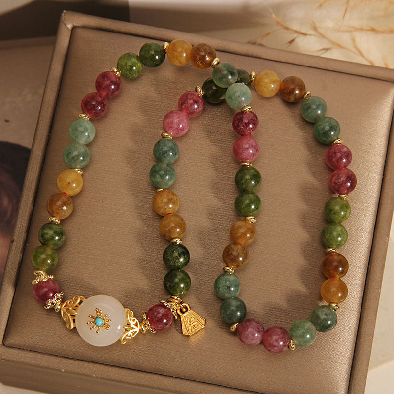 Buddha Stones Natürliches mehrfarbiges Turmalin-Jade-Blumenarmband mit positiver Wirkung, doppelt gewickelt