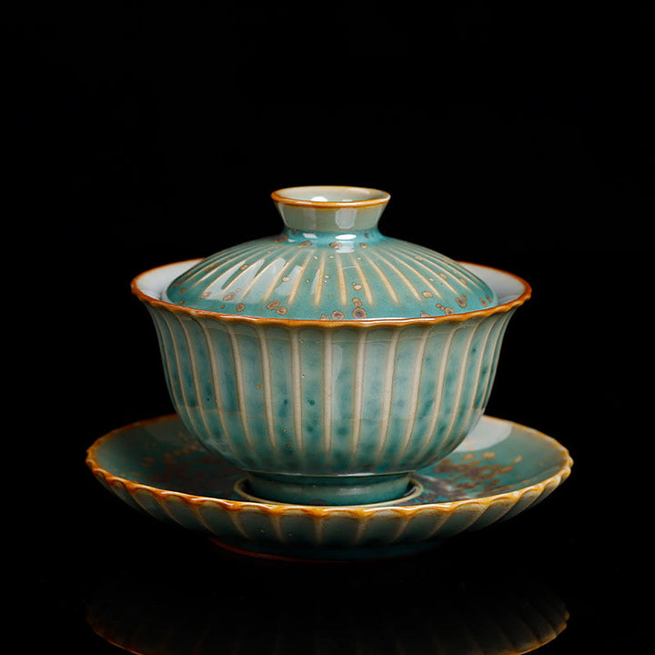 Buddha Stones Retro Glasur Ofenwechsel Keramik Gaiwan Sancai Teetasse Kung Fu Teetasse und Untertasse mit Deckel - Grüner Stil (Farbe und Glasur können variieren) - 11,5 cm × 8,5 cm × 140 ml - image 8