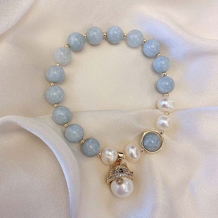 Charm-Armband mit Buddha Stonesn, Aquamarin-Perle, Friedensheilung, Glückskatze