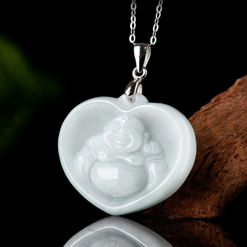 Buddha Stones 925 Sterling Silber Lachender Buddha Weiß Jade Glückssegen Halskettenanhänger