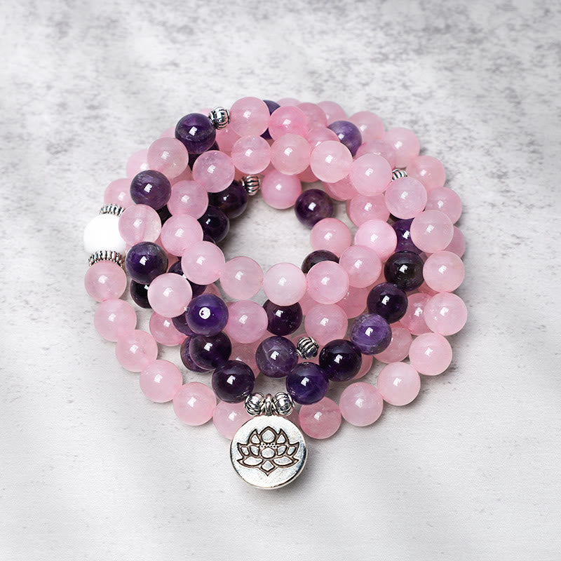 Buddha Stones Natürliches Rosenquarz- und Amethyst-Mala-Perlen-Lotus-Anhänger-Armband