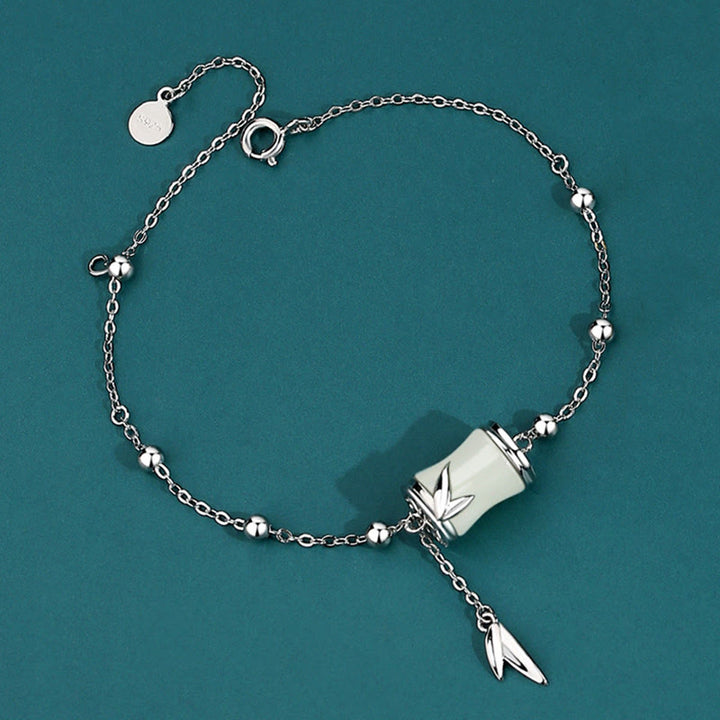 Buddha Stones 925 Sterling Silber 22K Gold Hetian Weiß Jade Bambusblatt Glück Halskette Anhänger Armband - 925 Sterlingsilber - Armband - image 9