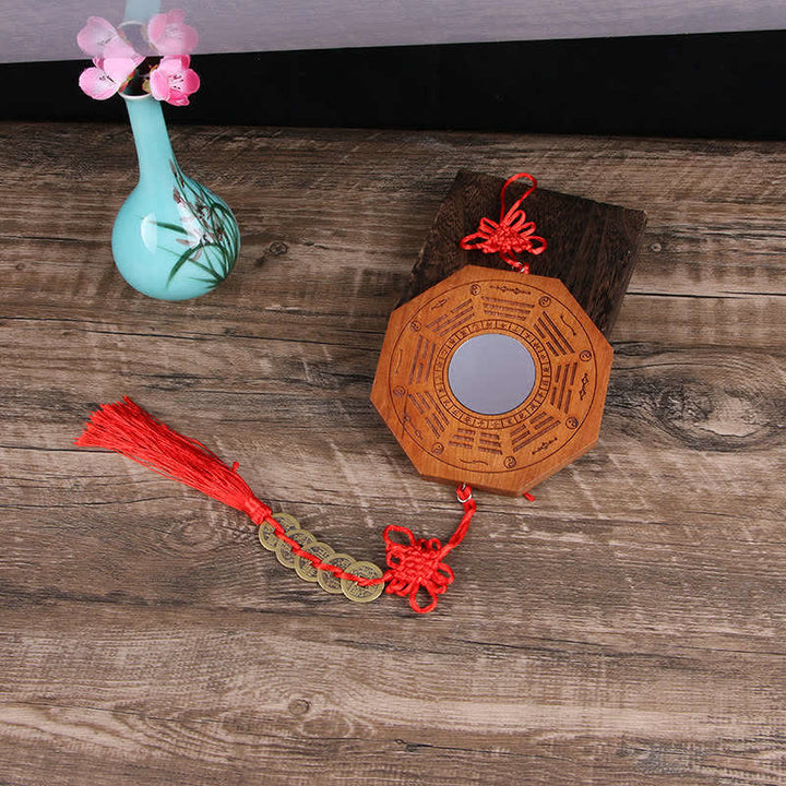 Feng Shui Bagua-Karte, Pfirsichholz, fünf Kaisermünzen, chinesischer Knoten, Gleichgewicht, Energiekarte, Spiegel - 20 x 2 cm - Konkavspiegel - Bagua-Karte & Fünf Kaisermünzen - image 3