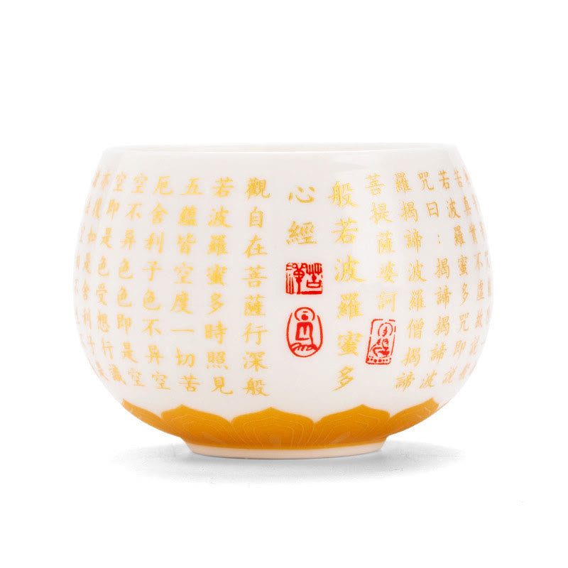 Buddha-Steine, buddhistisches Herz-Sutra, kleine Fu-Figur, Keramik-Gaiwan-Teetasse, Kung-Fu-Teetasse und Untertasse mit Deckel