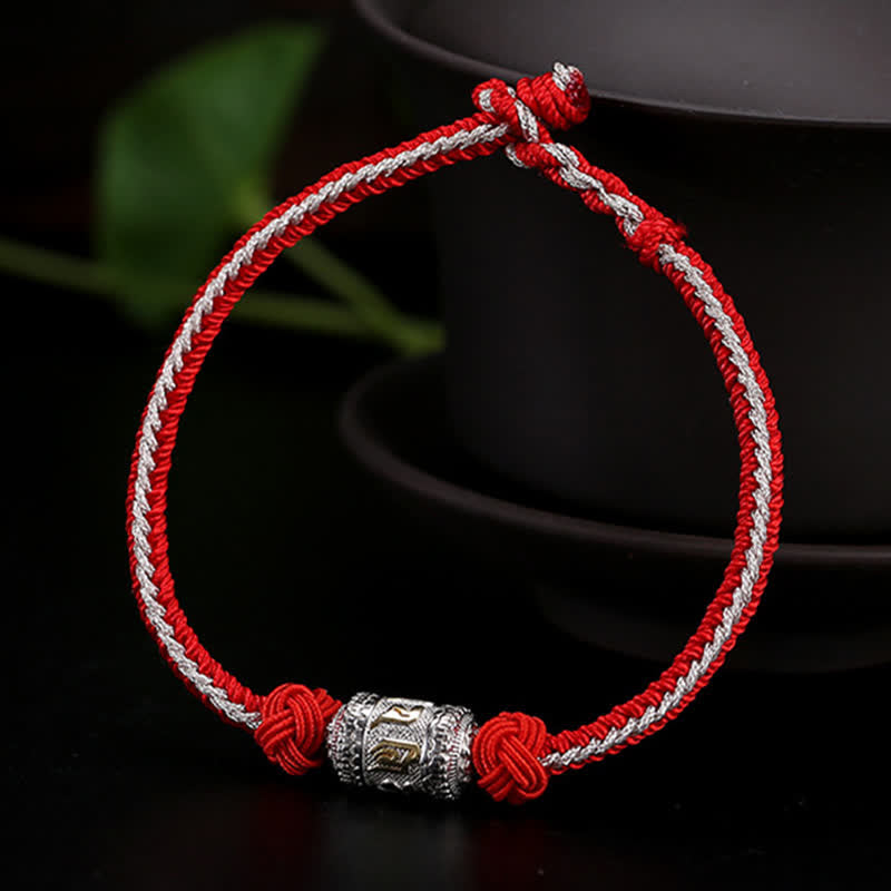 Buddha Stones 925 Sterling Silber Om Mani Padme Hum Gebetsmühle Glück Stärke Rote Schnur Armband