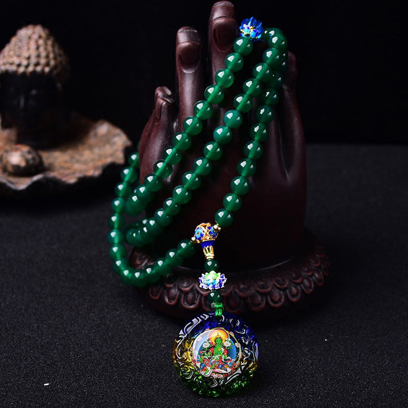 108 Mala-Perlen, natürlicher grüner Achat, Bodhisattva, grüne Tara-Manifestation, Charm-Armband