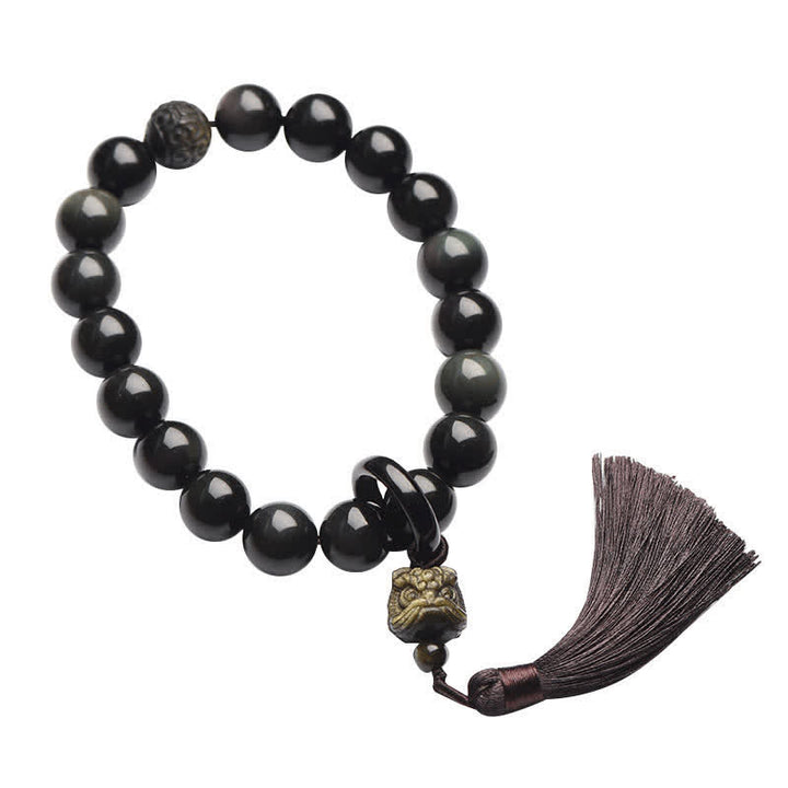 Buddha Stones, natürlicher schwarzer Obsidian, Löwe, Handgelenk-Mala, Schutzquasten, Taschen-Mala, Auto-Dekoration