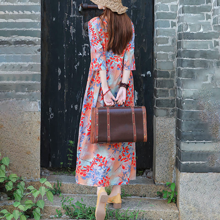 Midikleid mit Buddha-Steinen und Blumen-Print, Tunikakleid aus Baumwolle und Leinen mit Taschen