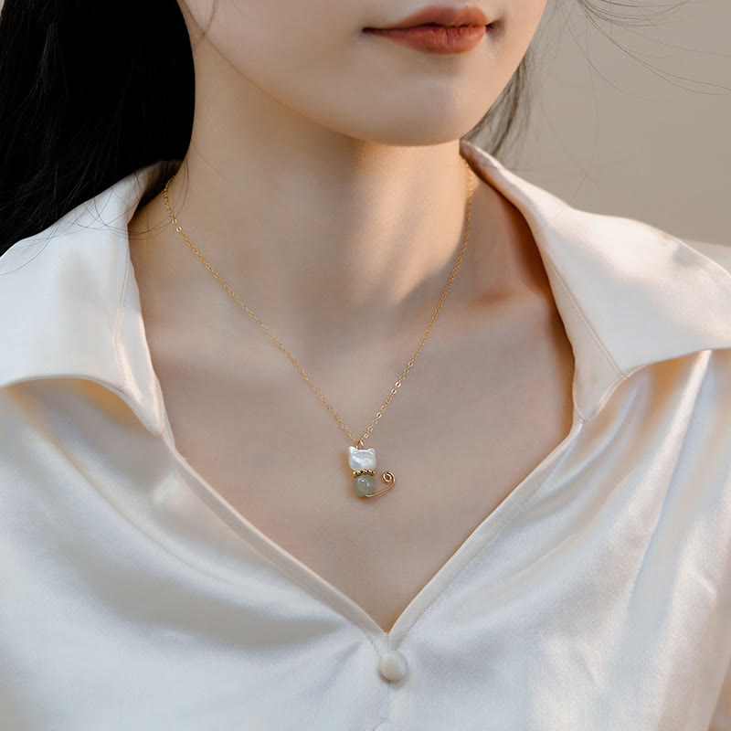 Buddha Stones 14K vergoldete Perle Hetian Jade Muschel Glück Katze Kätzchen Halskette Anhänger - image 9