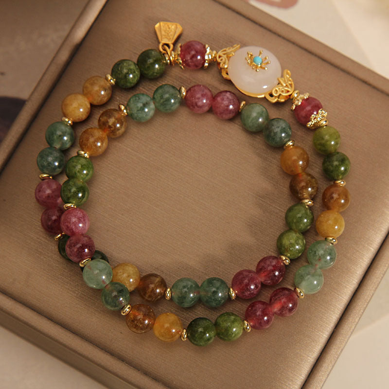 Buddha Stones Natürliches mehrfarbiges Turmalin-Jade-Blumenarmband mit positiver Wirkung, doppelt gewickelt