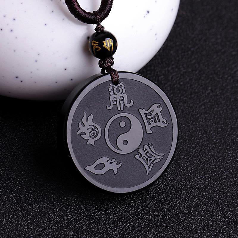 Buddha Stones, natürlicher schwarzer Obsidian, Taoismus, fünf heilige Berge, Mantra mit neun Charakteren, geschnitzt, Stärke, Yin-Yang-Halskette, Anhänger, Schlüsselanhänger - Schwarzer Obsidian & Schnur - image 1
