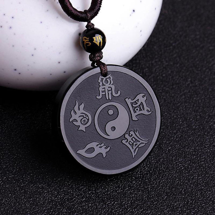 Buddha Stones, natürlicher schwarzer Obsidian, Taoismus, fünf heilige Berge, Mantra mit neun Charakteren, geschnitzt, Stärke, Yin-Yang-Halskette, Anhänger, Schlüsselanhänger - Schwarzer Obsidian & Schnur - image 1