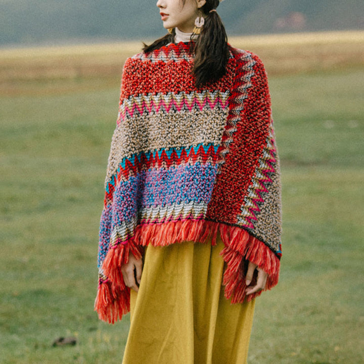 Tibetischer Schal mit Buddha Stones, warmer Umhang, tibetischer Quastenschal - Roter Pullover - image 13