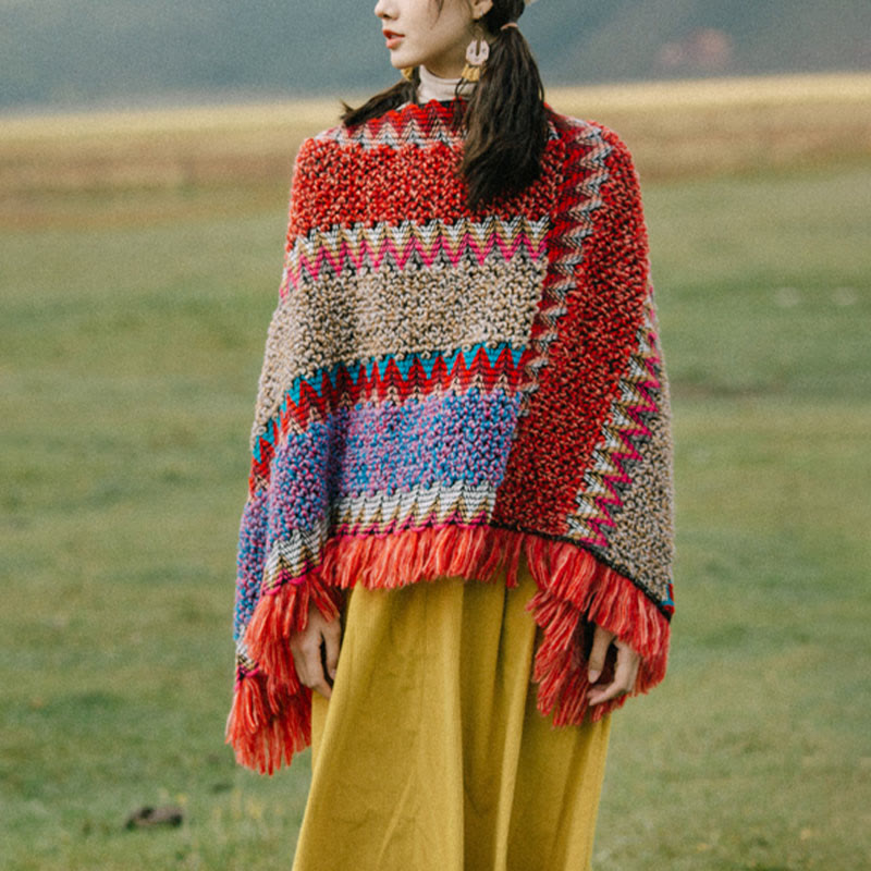 Tibetischer Schal mit Buddha Stones, warmer Umhang, tibetischer Quastenschal - Roter Pullover - image 13