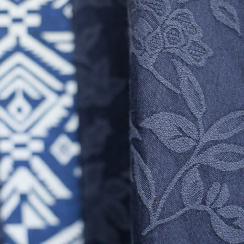 Buddha Stones – Jacquard-Midikleid mit Blumenstickerei, Blau, Dreiviertelärmeln, Baumwollkleid mit Taschen