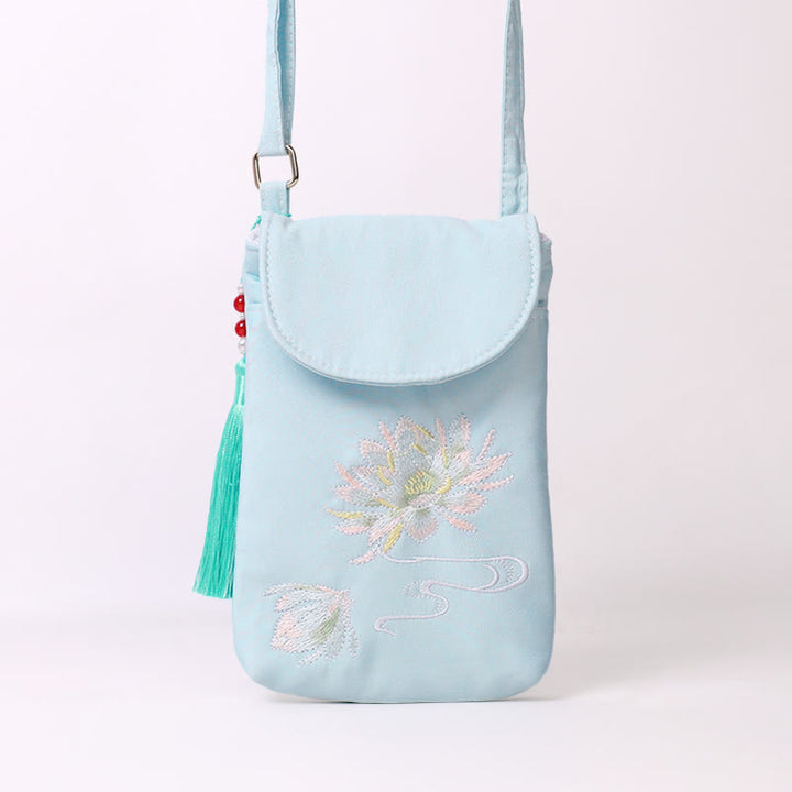 Buddha Stones Kleine Tasche mit gestickten Blumen, Crossbody-Tasche, Schultertasche, zweilagige Handytasche