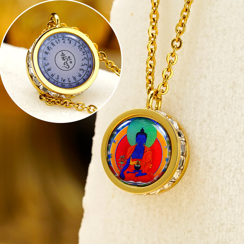 Buddha Stones, tibetischer gelber Gott des Reichtums, grüne Tara-Buddha-Gelassenheit, Halskettenanhänger aus Titanstahl - Vorderseite: Medizinbuddha, Rückseite: Mantra - image 19