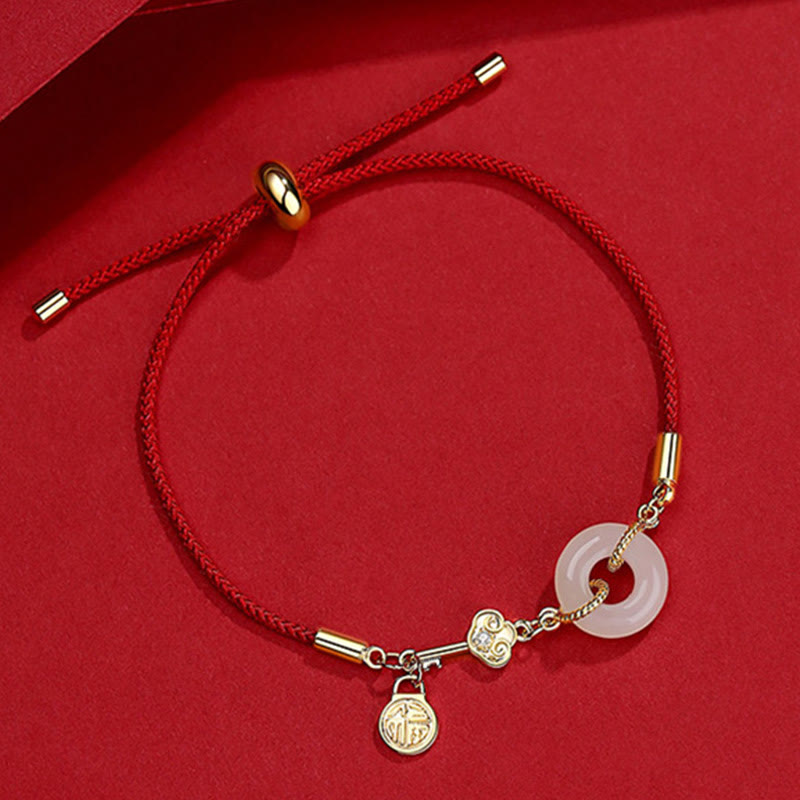 Buddha Stones 18 Karat vergoldetes Hetian-Jade-Armband mit Friedensschnalle, Fu-Charakter, Glück, rotes Seil