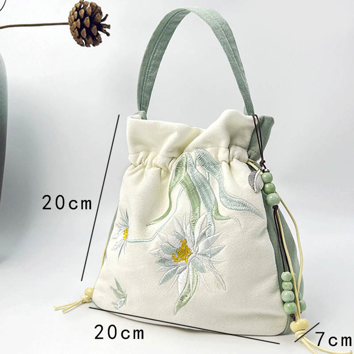 Buddha Stones Bestickter Schmetterling Lotus Magnolia Baumwolle Leinen Tote Crossbody Tasche Schultertasche Handtasche