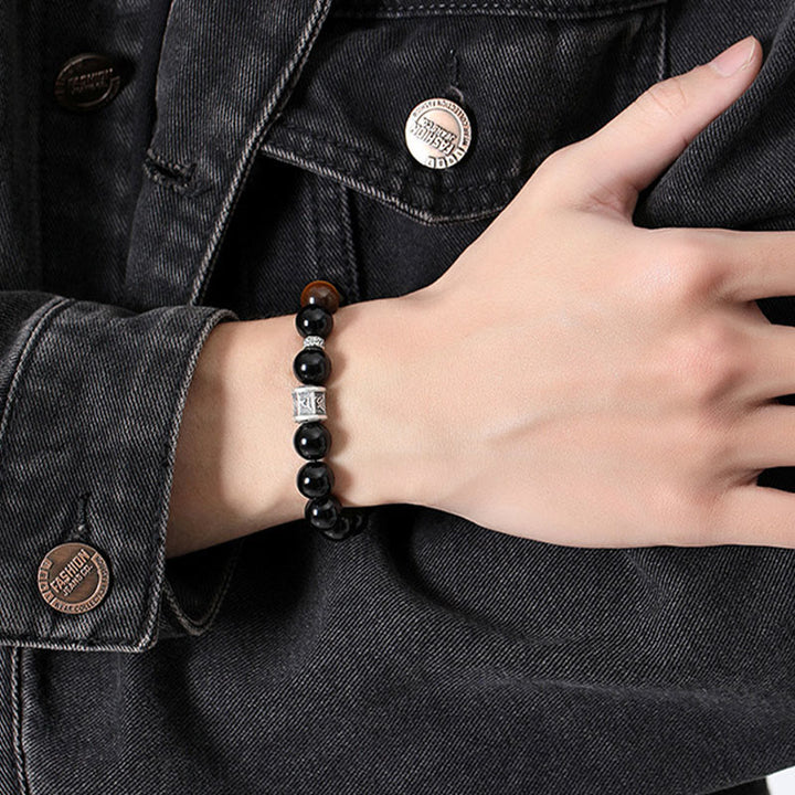 Buddha Stones 999 Sterling Silber Schwarzer Obsidian Tigerauge Om Mani Padme Hum Erfüllungsarmband - image 10