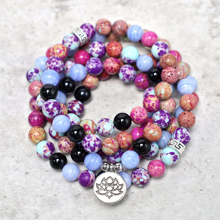 Buddha Stones Natur Lila Miano Echtstein Lotus Mala