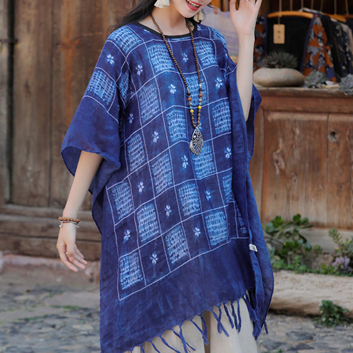 Buddha Stones Blau Farbblock Plaid Schal Quasten Weicher Pullover 90*95cm