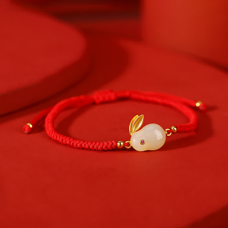 Buddha Stones 925 Sterling Silber Jahr des Kaninchens Hetian Weiß Jade Luck Red String Protection Armband - image 5