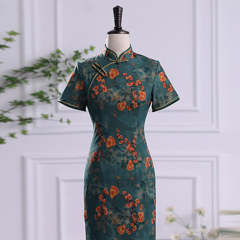 Buddha Stones Retro Blume Lotus Pfingstrose Feder Druck Qipao Kleid Damen Cheongsam Kleid