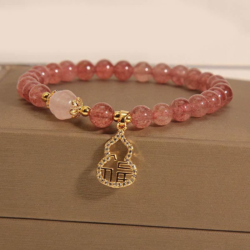 Buddha Stones Armband, Motiv: Erdbeerquarz, Kürbis, Fu, positiver Charm