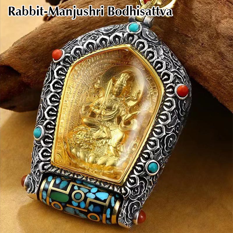 Tibet Chinesisches Sternzeichen Natal Buddha Thangka Wohlstand Drehbarer Dzi-Perlen-Halskettenanhänger - Kaninchen-Manjushri Bodhisattva - image 6