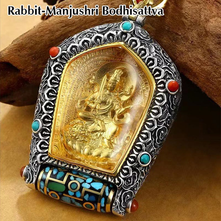 Tibet Chinesisches Sternzeichen Natal Buddha Thangka Wohlstand Drehbarer Dzi-Perlen-Halskettenanhänger - Kaninchen-Manjushri Bodhisattva - image 6