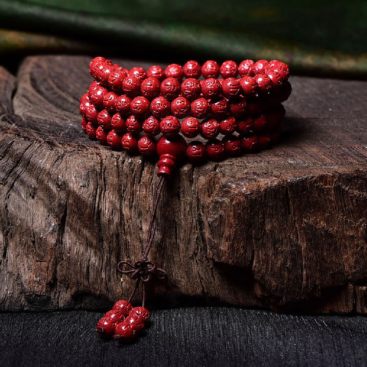 Buddha Stones 108 Mala Perlen Zinnober Om Mani Padme Hum Muster graviertes Segensarmband - image 8