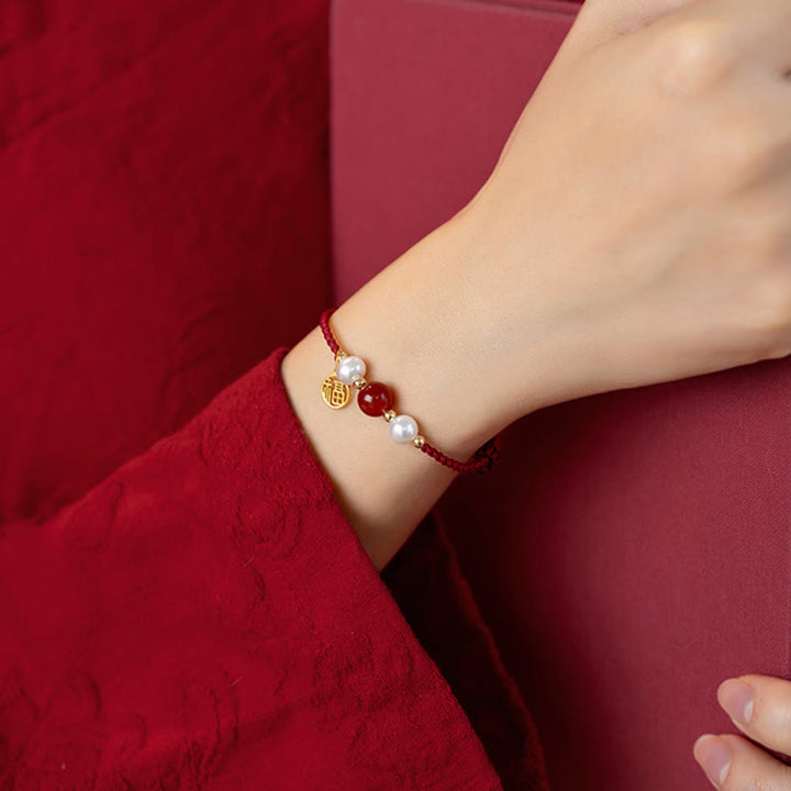 Armband mit Buddha Stonesn, 925er-Sterlingsilber, Glücksbringer, Fu-Charakter, Achat, Perle, rote Schnur - image 13