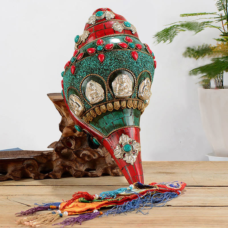 Tibetische handgemachte Shankha Om Mani Padme Hum Buddha Avalokitesvara Türkis Muschel Muschel positive Dekoration - image 0