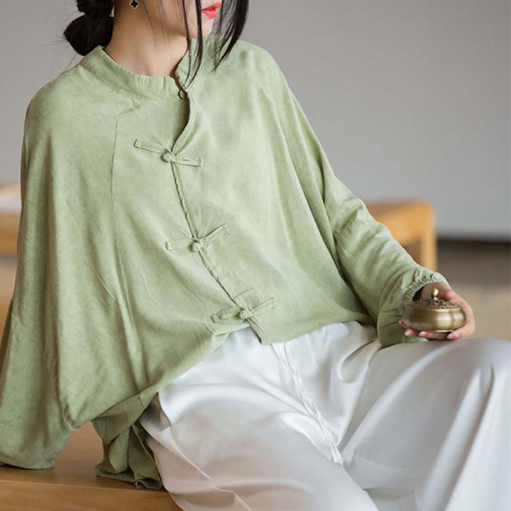 Buddha Stones Frosch-Knopf Langarmshirt Zen Tai Chi Meditation Top Hanfu Kleidung Jacke