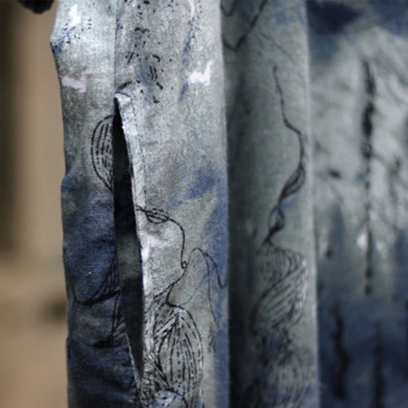 Buddha Stones – Midikleid mit Batikmuster, Tinte, Dreiviertelärmel, Baumwollleinenkleid mit Taschen