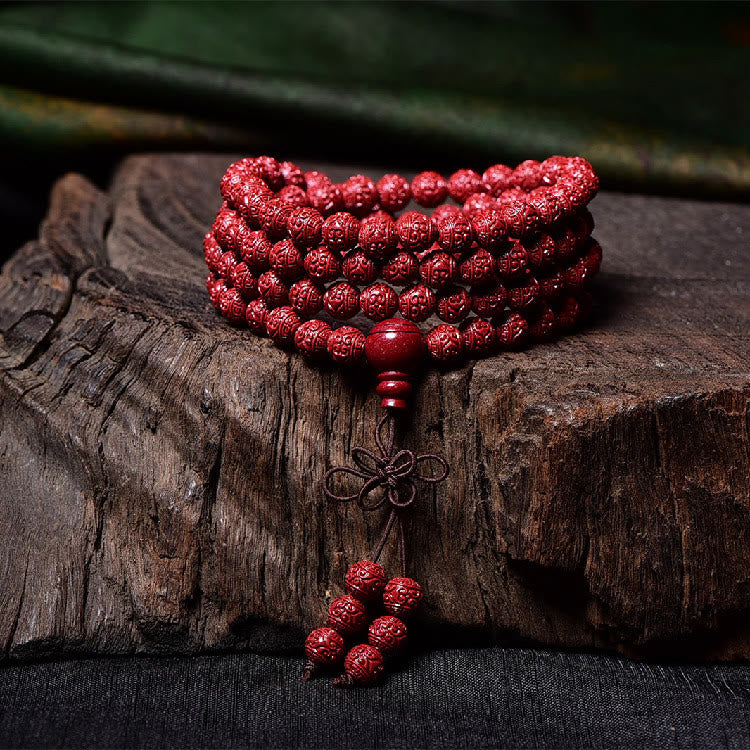 Buddha Stones 108 Mala Perlen Zinnober Om Mani Padme Hum Muster graviertes Segensarmband - image 2