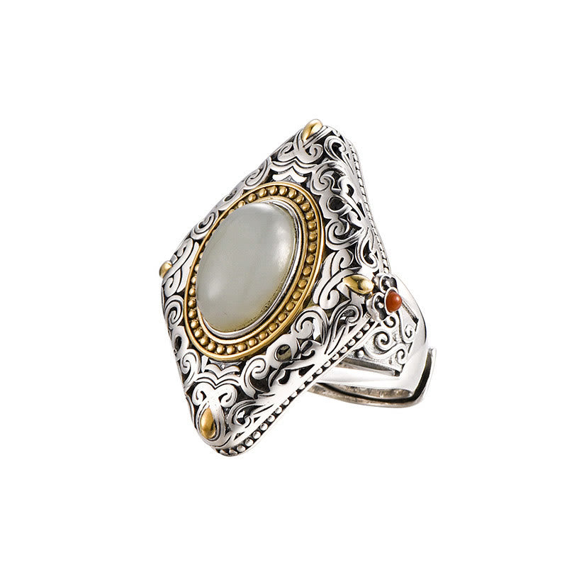 Buddha Steine 925 Sterling Silber Rhombus Design Hetian Jade Glück Halskette Anhänger Ring Set