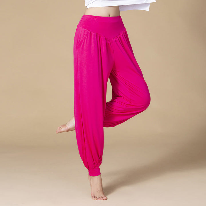 Buddha Stones Einfarbige modale Haremshose für Yoga und Tanz mit hoher Taille und Taschen