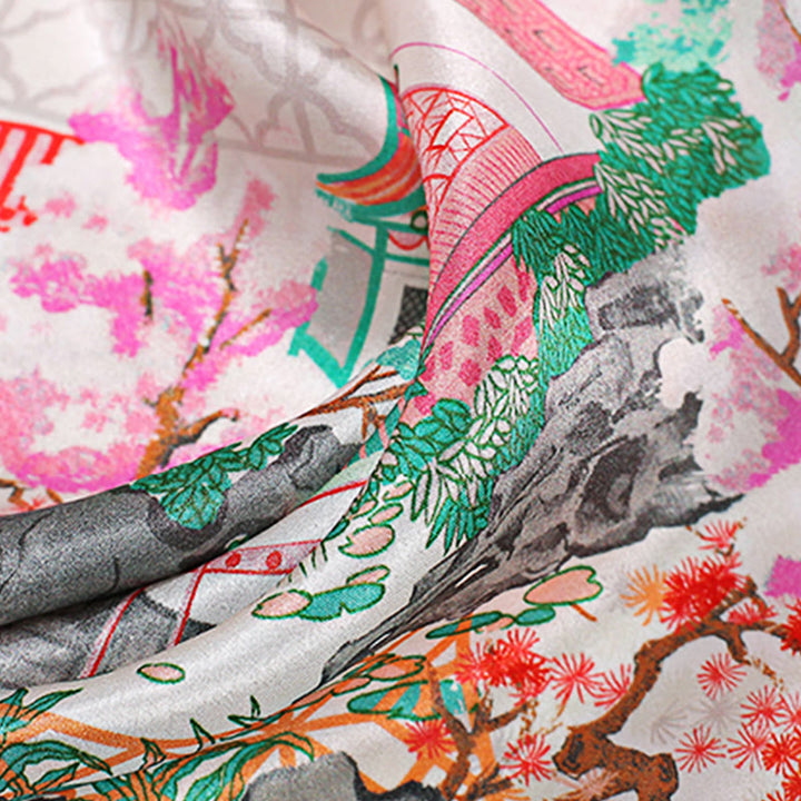 Halstuch mit Buddha Stonesn, pastorale Szene, Heißluftballon, Frühlingsblüten, 100 % Maulbeerseide - image 17