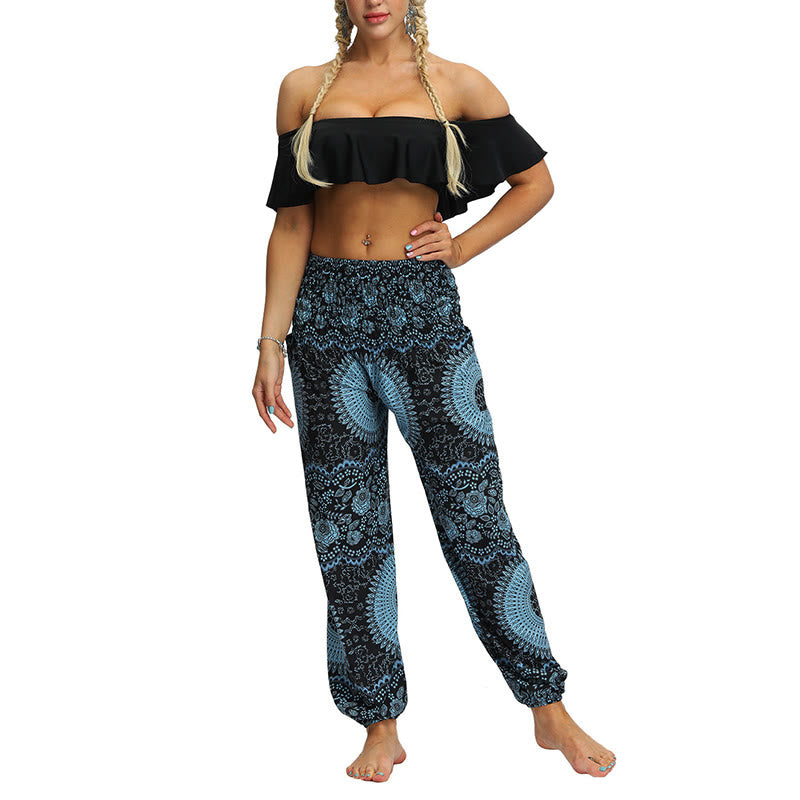 Buddha Stones Boho Lockere Haremshose mit geometrischem Elefantenmuster für Damen, Yogahose