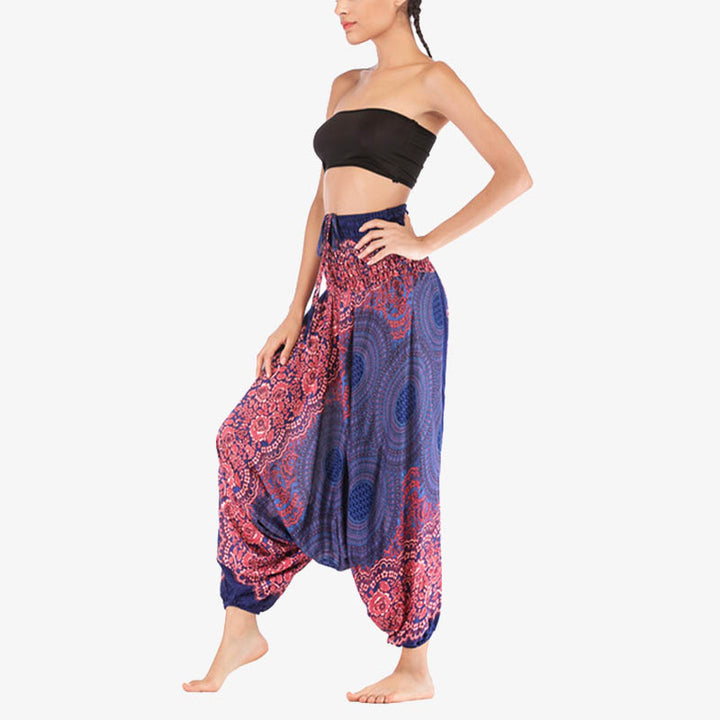 Buddha Stones Two Style Wear Runde Geometrische Muster locker gesmokte Haremshose Overall mit hoher Taille Damen Yogahose
